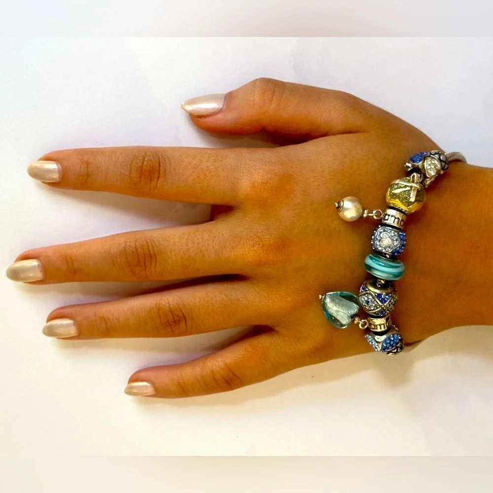 Amore & Baci 925 Sterling Elegant Blue and Gold Charm Bracelet